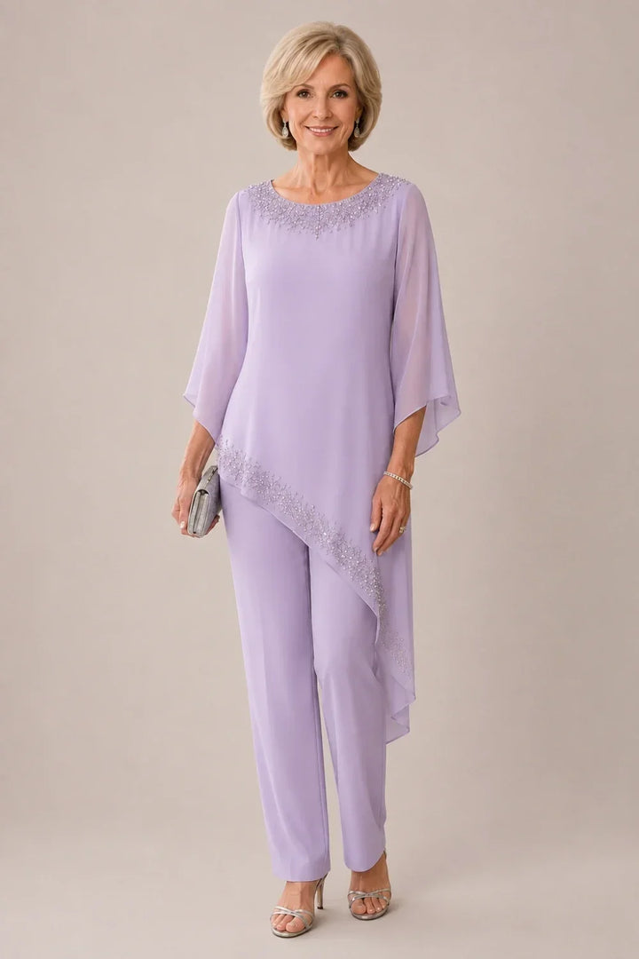 Completo pantalone da cerimonia per madre della sposa in chiffon con perline