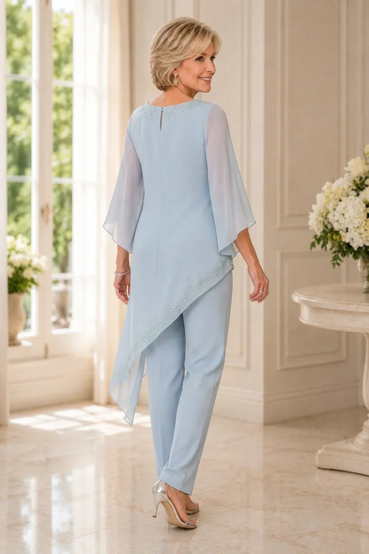 Completo pantalone da cerimonia per madre della sposa in chiffon con perline