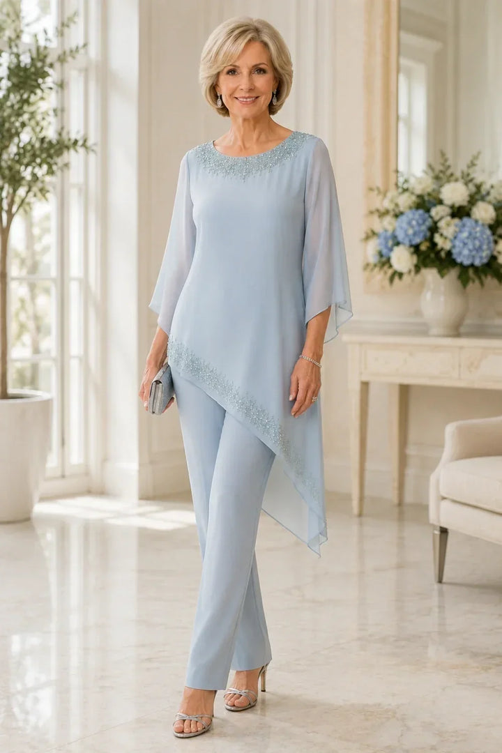 Completo pantalone da cerimonia per madre della sposa in chiffon con perline