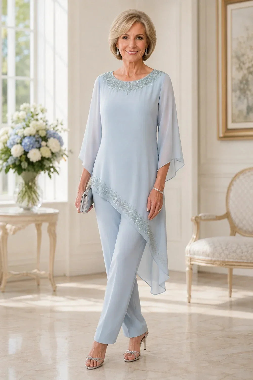 Completo pantalone da cerimonia per madre della sposa in chiffon con perline
