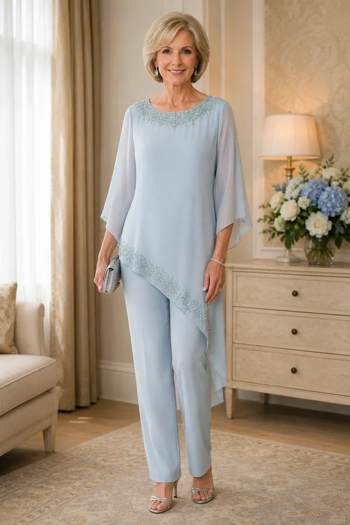 Completo pantalone da cerimonia per madre della sposa in chiffon con perline