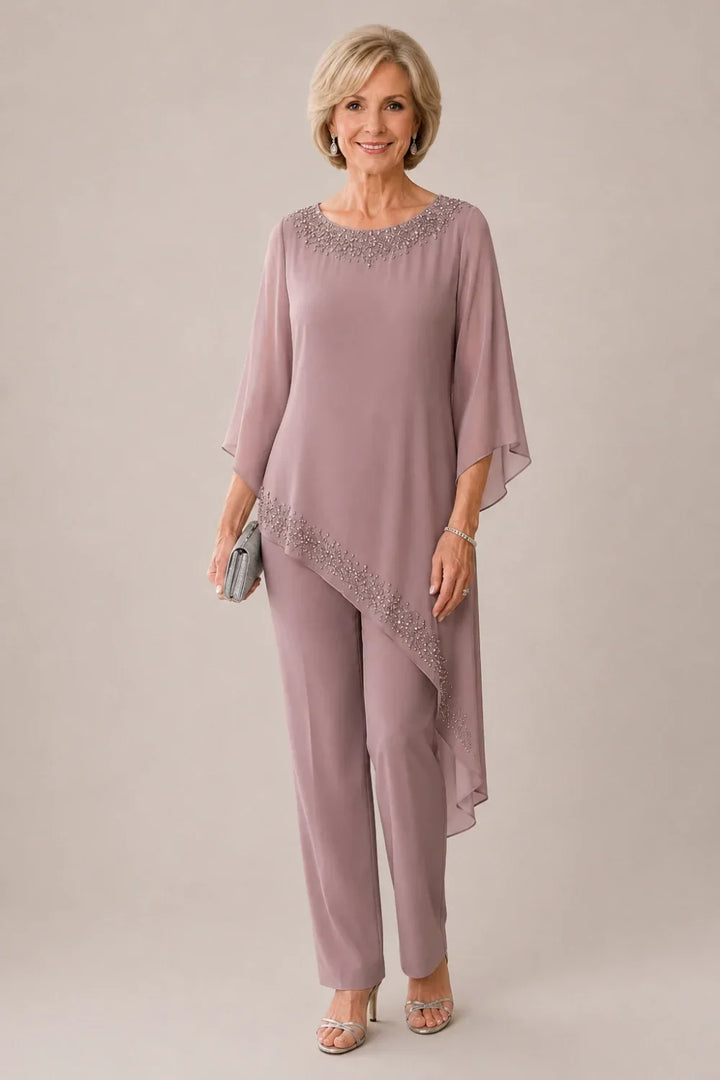 Completo pantalone da cerimonia per madre della sposa in chiffon con perline