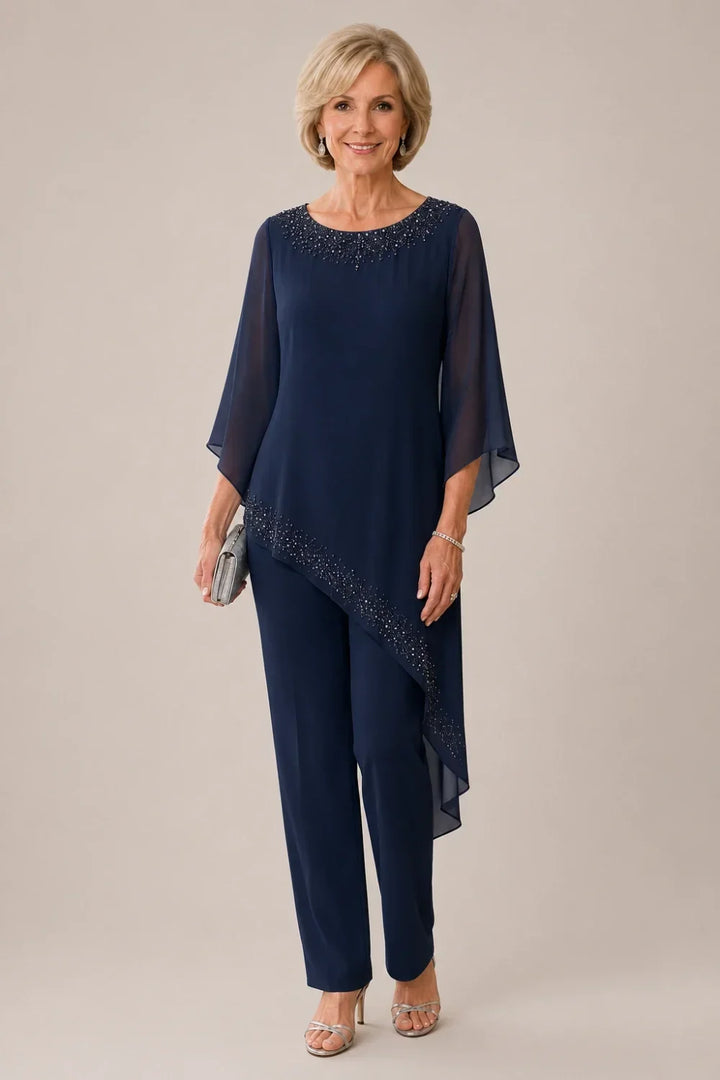 Completo pantalone da cerimonia per madre della sposa in chiffon con perline