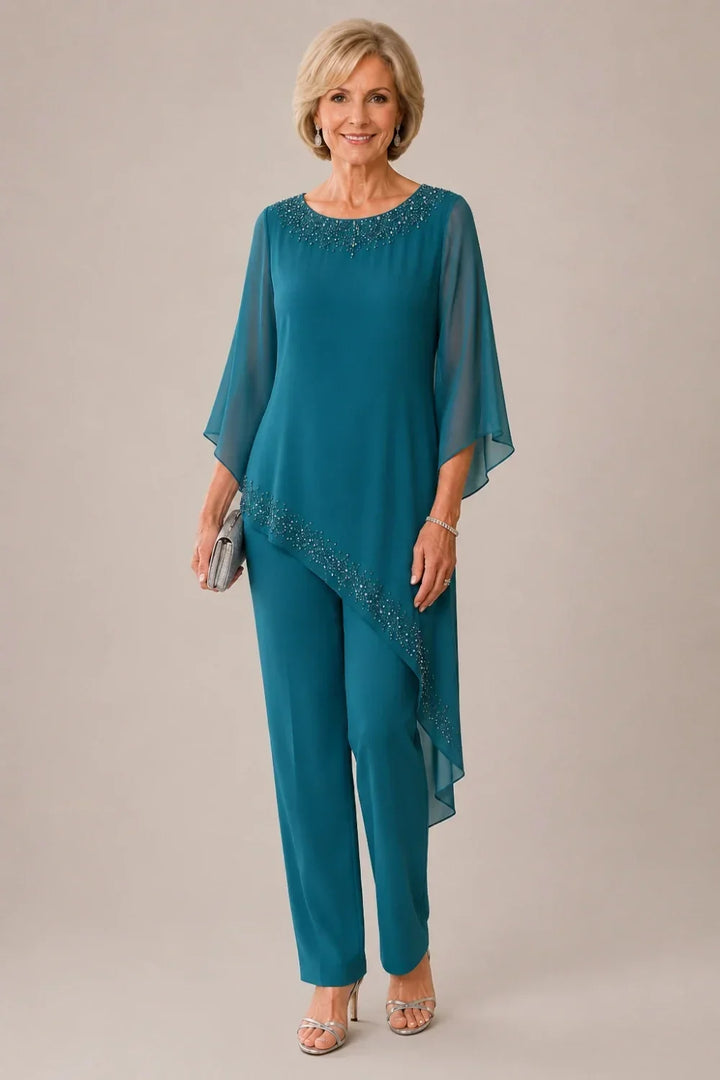 Completo pantalone da cerimonia per madre della sposa in chiffon con perline
