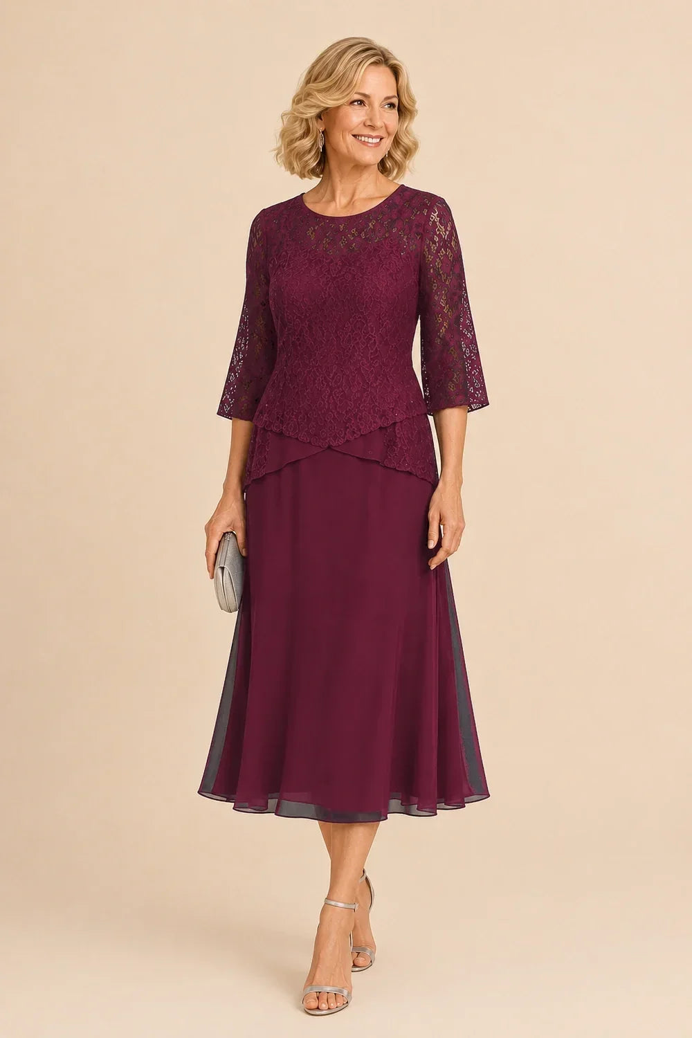 Abito asimmetrico in chiffon con pizzo e perline, lunghezza midi