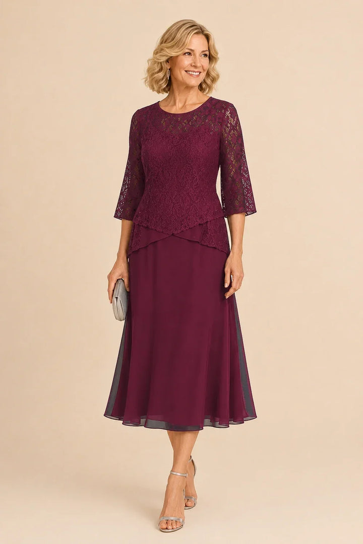 Abito asimmetrico in chiffon con pizzo e perline, lunghezza midi