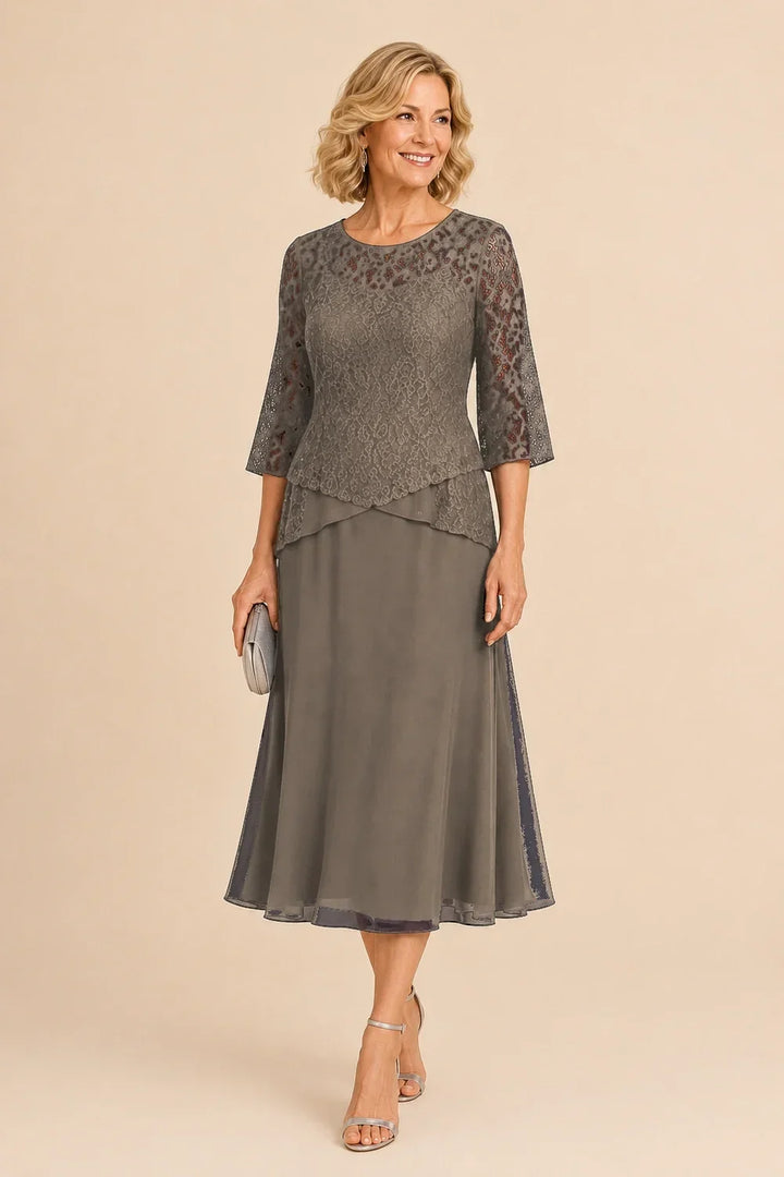 Abito asimmetrico in chiffon con pizzo e perline, lunghezza midi