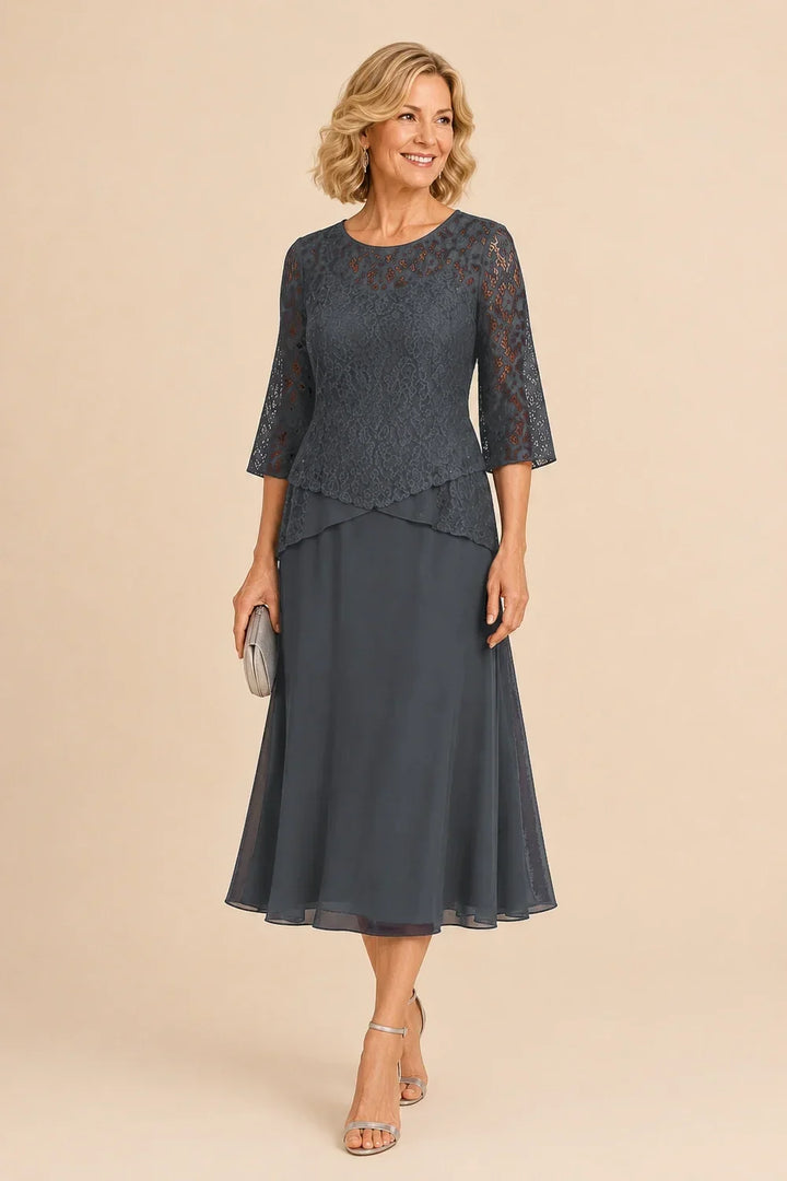 Abito asimmetrico in chiffon con pizzo e perline, lunghezza midi