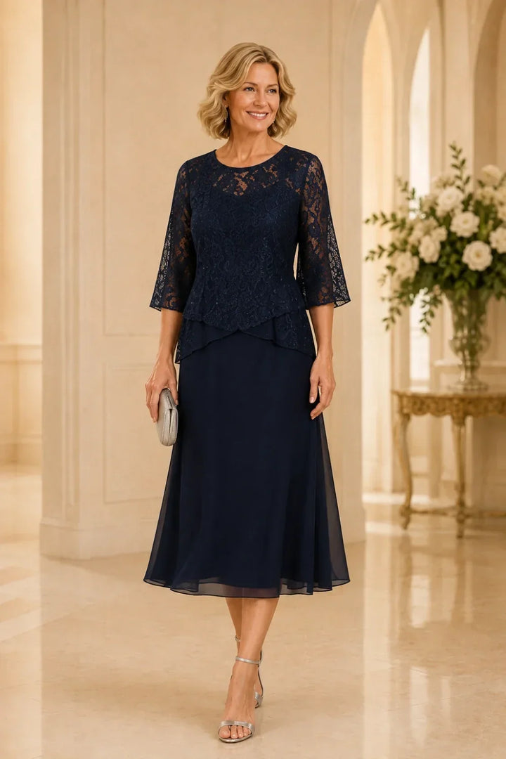 Abito asimmetrico in chiffon con pizzo e perline, lunghezza midi