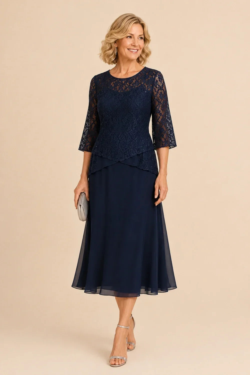 Abito asimmetrico in chiffon con pizzo e perline, lunghezza midi