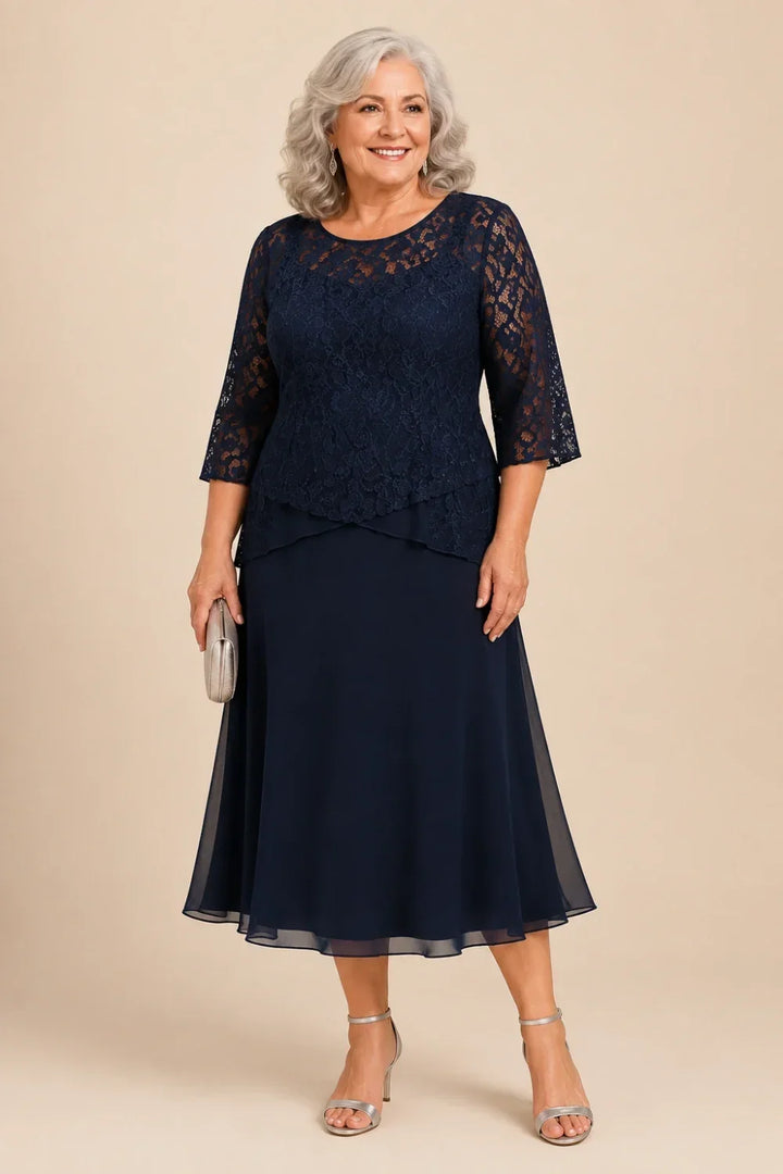 Abito asimmetrico in chiffon con pizzo e perline, lunghezza midi