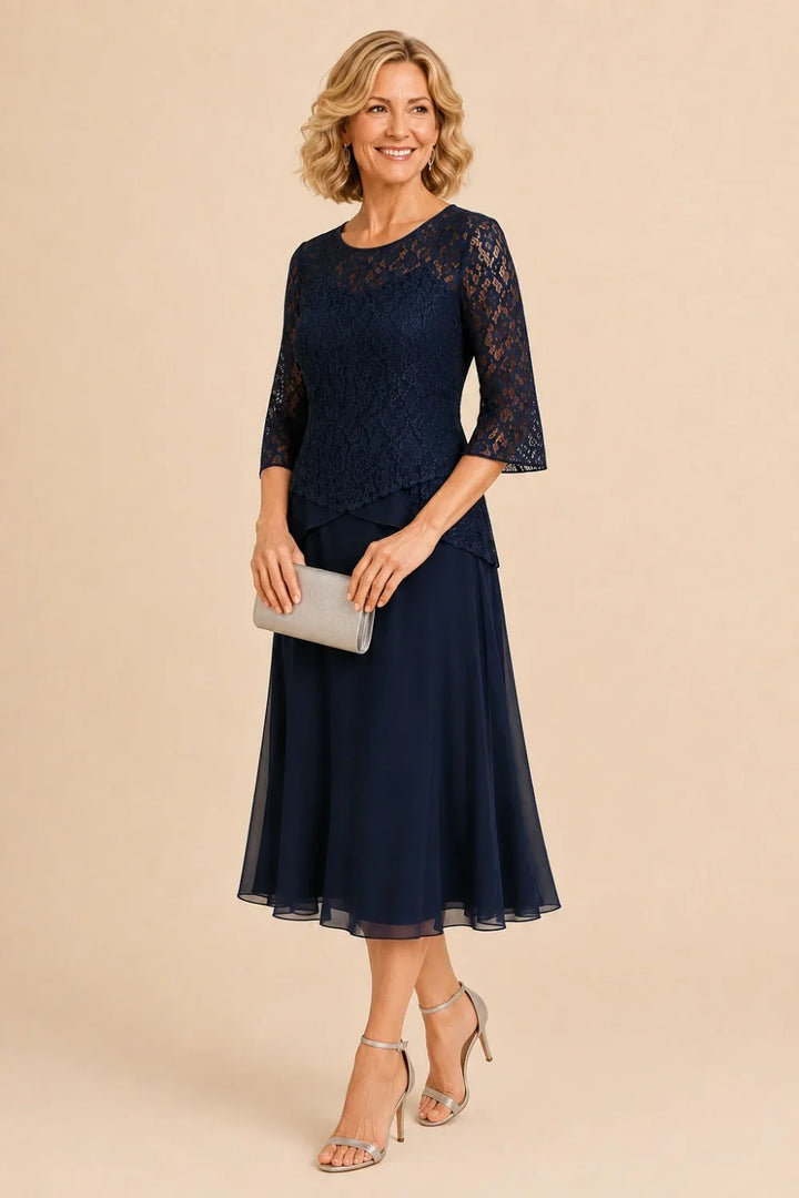 Abito asimmetrico in chiffon con pizzo e perline, lunghezza midi