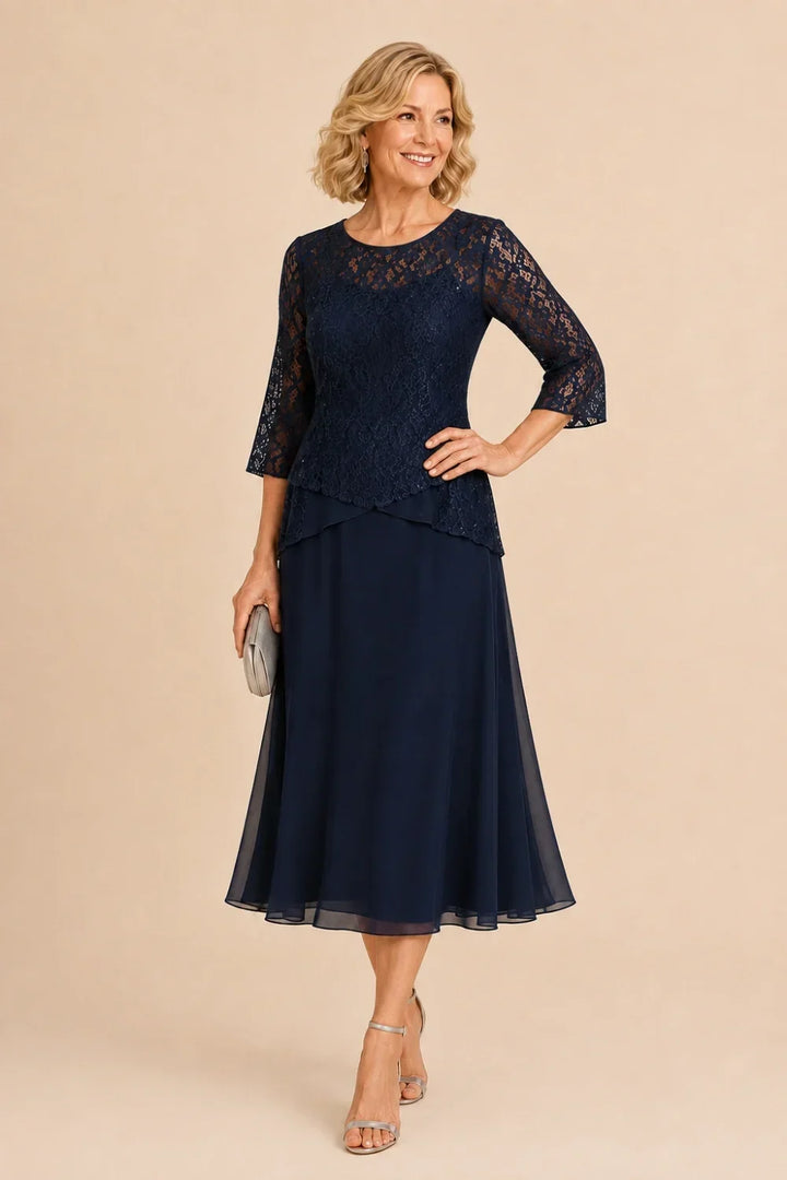 Abito asimmetrico in chiffon con pizzo e perline, lunghezza midi