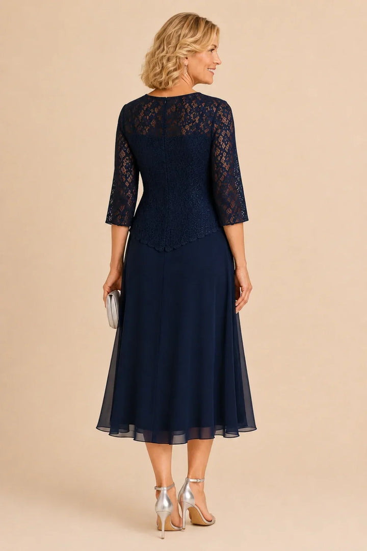 Abito asimmetrico in chiffon con pizzo e perline, lunghezza midi