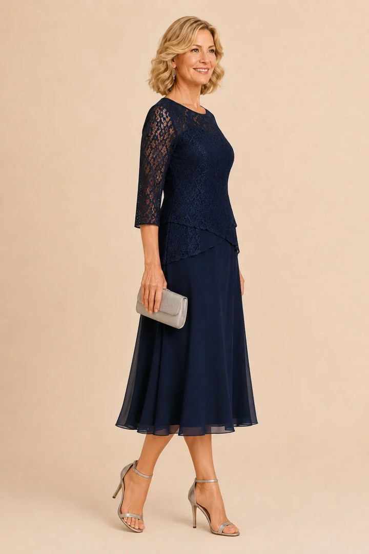 Abito asimmetrico in chiffon con pizzo e perline, lunghezza midi