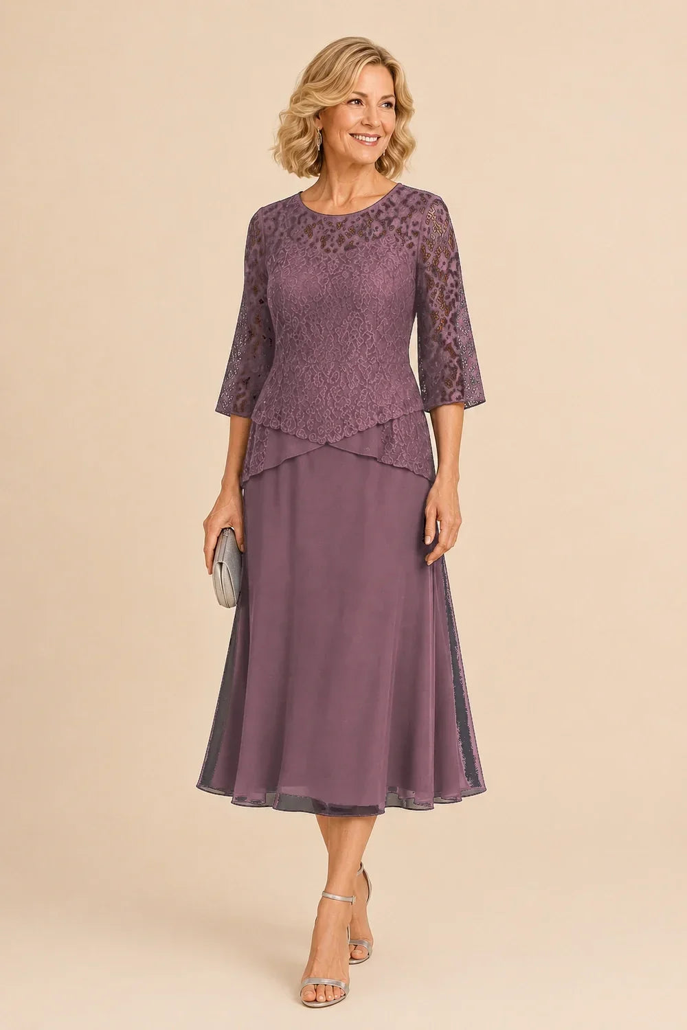 Abito asimmetrico in chiffon con pizzo e perline, lunghezza midi