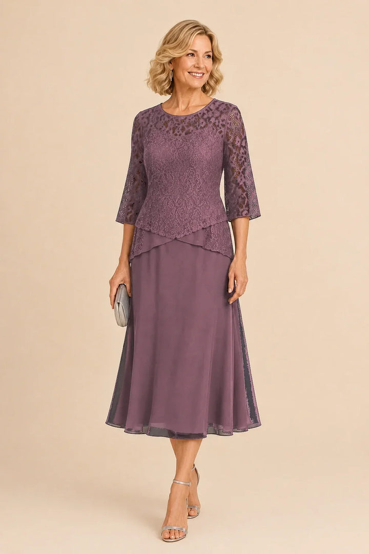 Abito asimmetrico in chiffon con pizzo e perline, lunghezza midi