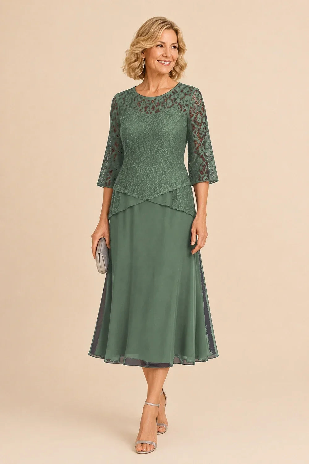 Abito asimmetrico in chiffon con pizzo e perline, lunghezza midi