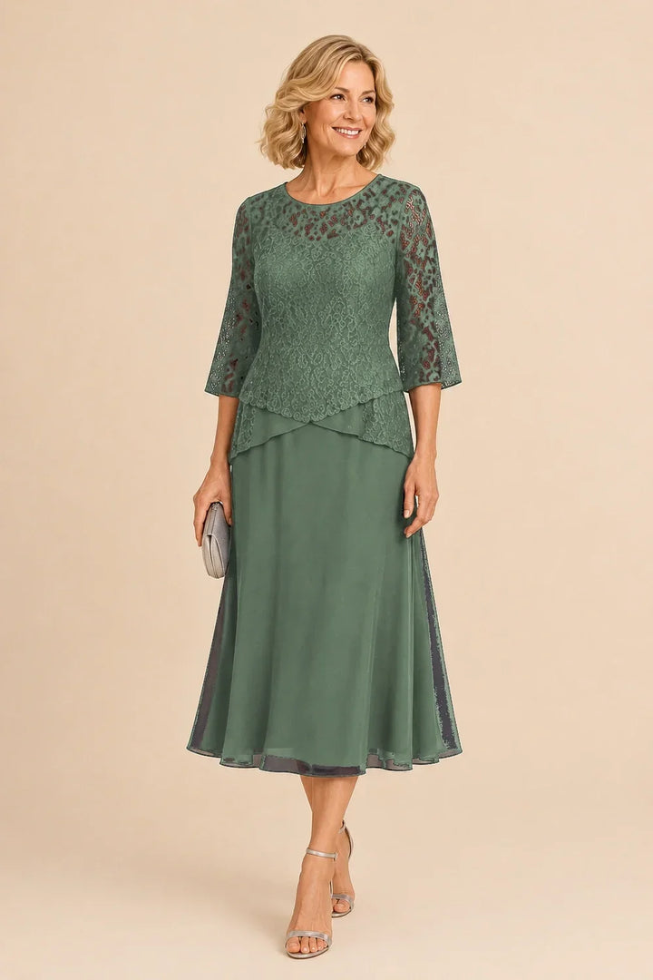 Abito asimmetrico in chiffon con pizzo e perline, lunghezza midi