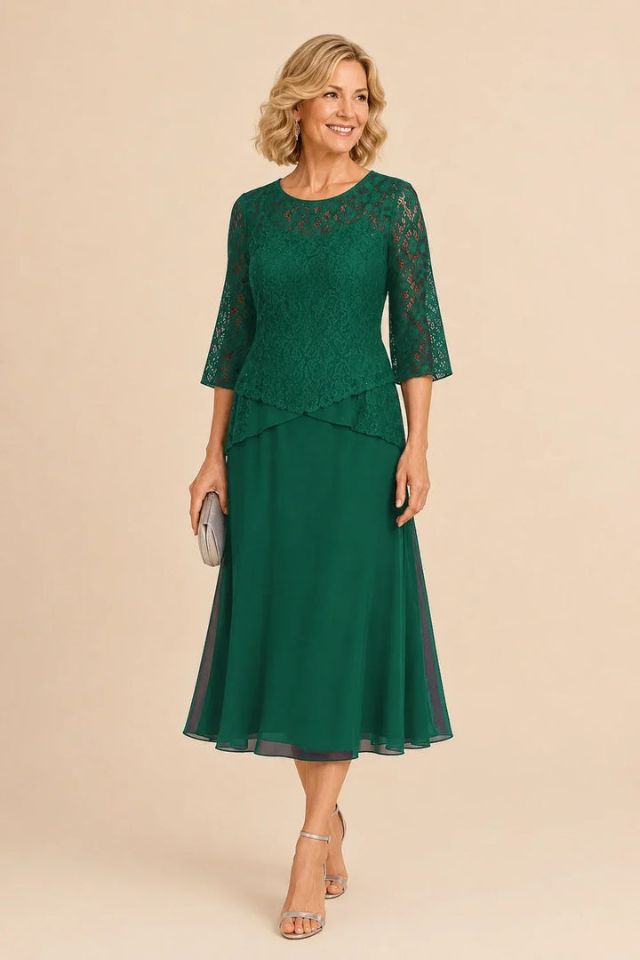 Abito asimmetrico in chiffon con pizzo e perline, lunghezza midi
