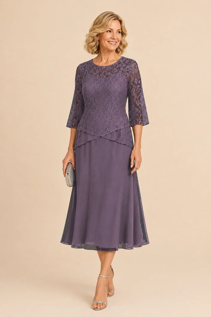 Abito asimmetrico in chiffon con pizzo e perline, lunghezza midi