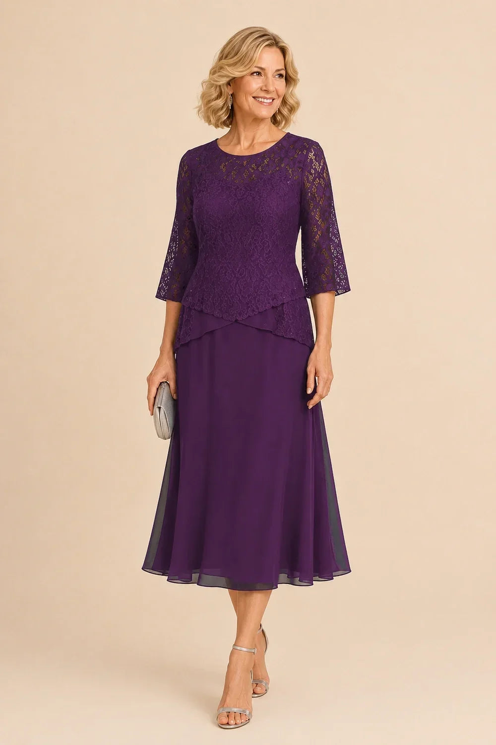 Abito asimmetrico in chiffon con pizzo e perline, lunghezza midi