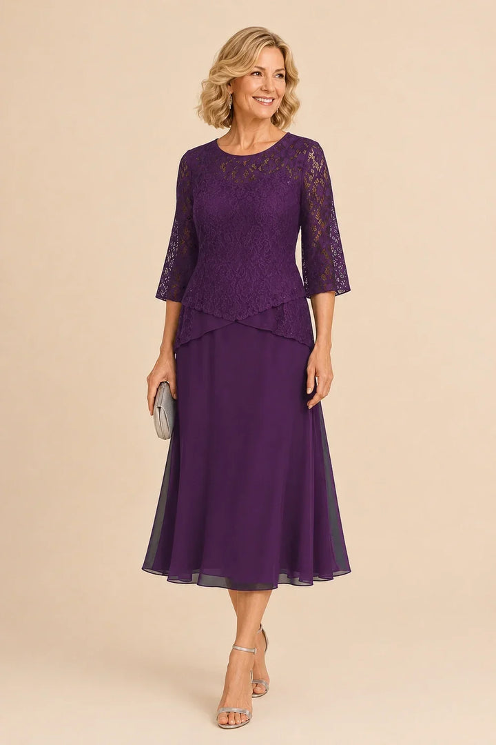 Abito asimmetrico in chiffon con pizzo e perline, lunghezza midi