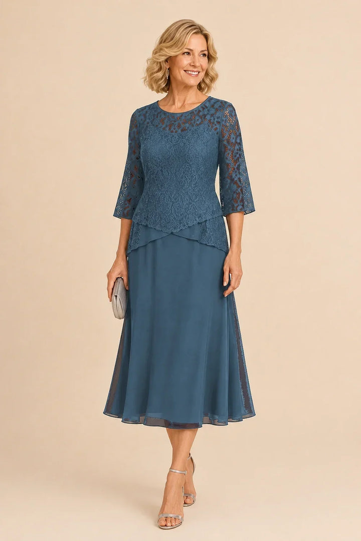 Abito asimmetrico in chiffon con pizzo e perline, lunghezza midi