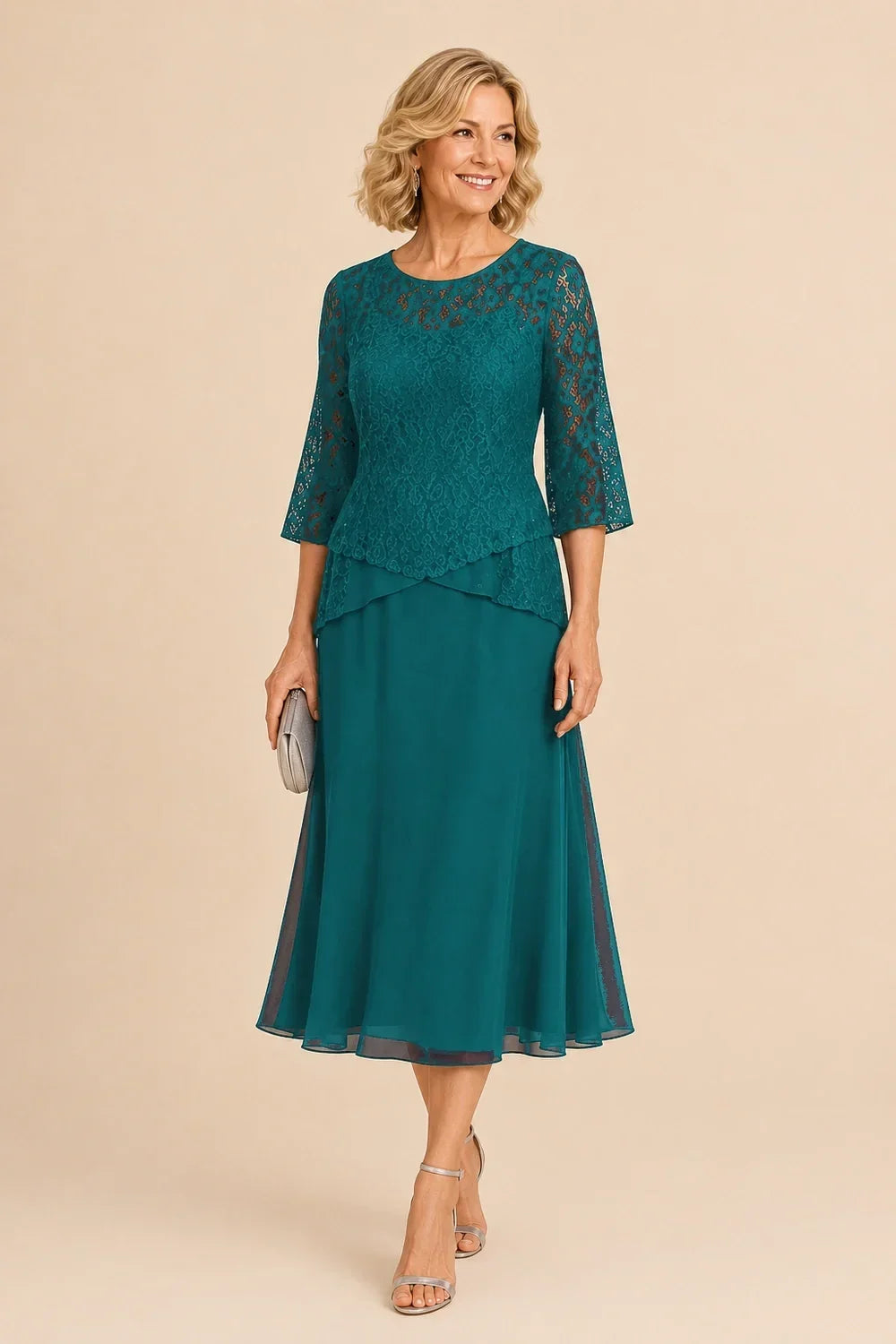 Abito asimmetrico in chiffon con pizzo e perline, lunghezza midi