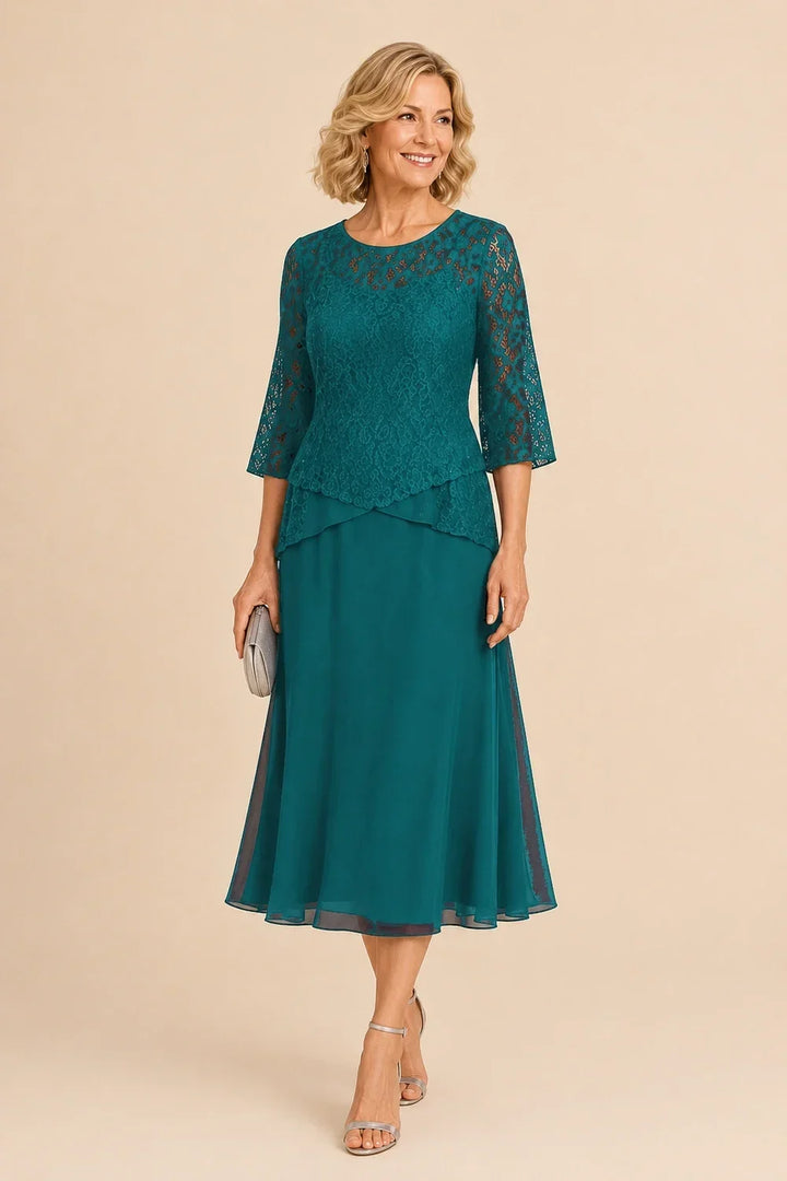 Abito asimmetrico in chiffon con pizzo e perline, lunghezza midi