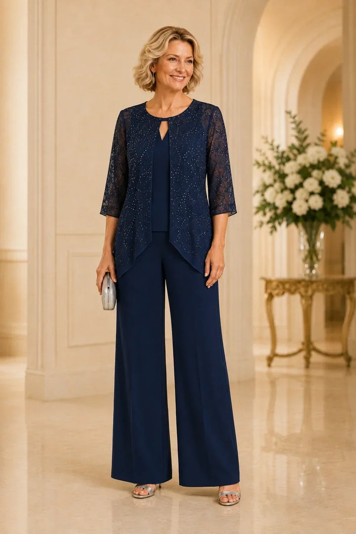 Completo pantalone a gamba larga con strati di pizzo e perline