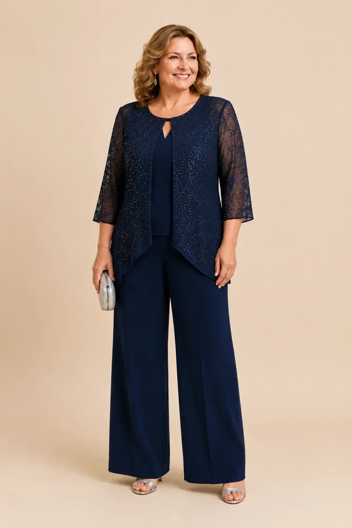 Completo pantalone a gamba larga con strati di pizzo e perline