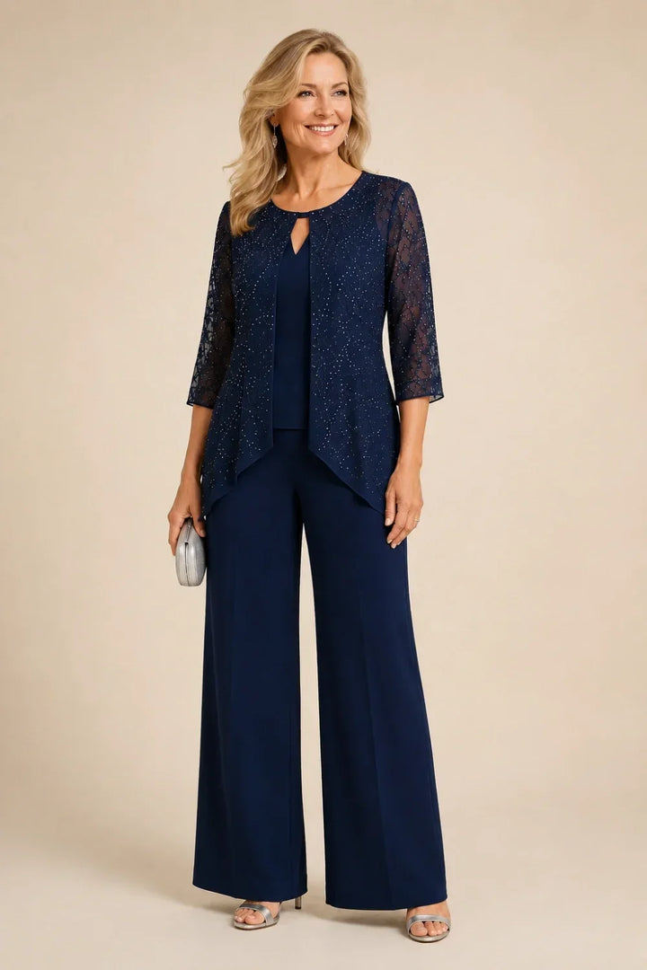 Completo pantalone a gamba larga con strati di pizzo e perline