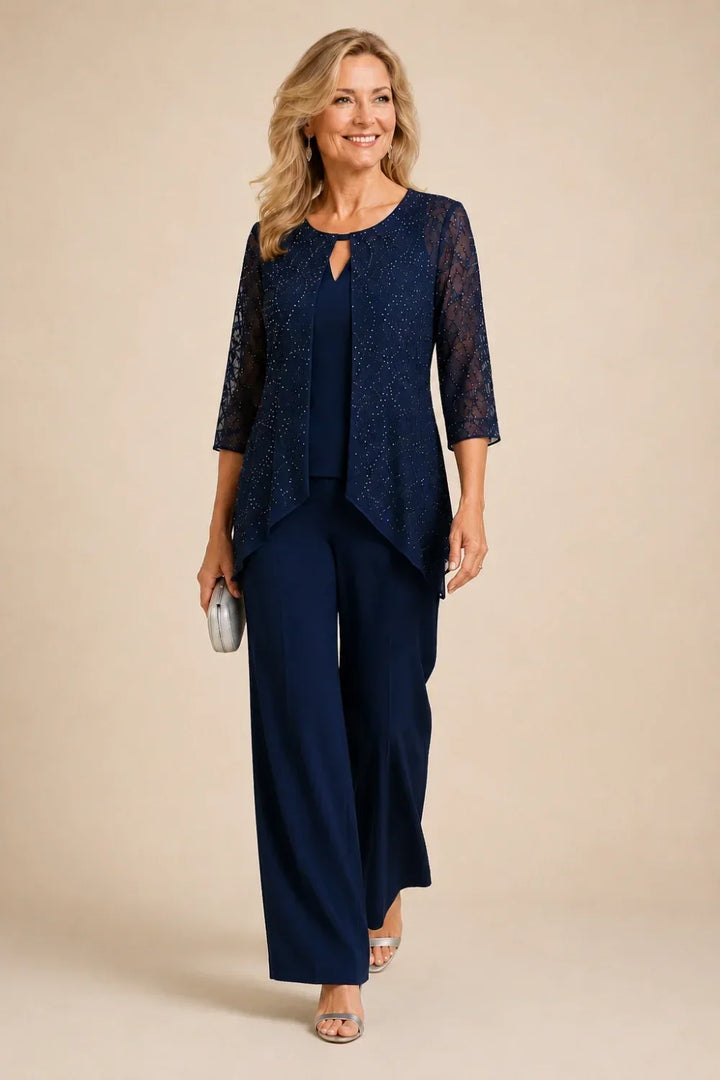 Completo pantalone a gamba larga con strati di pizzo e perline