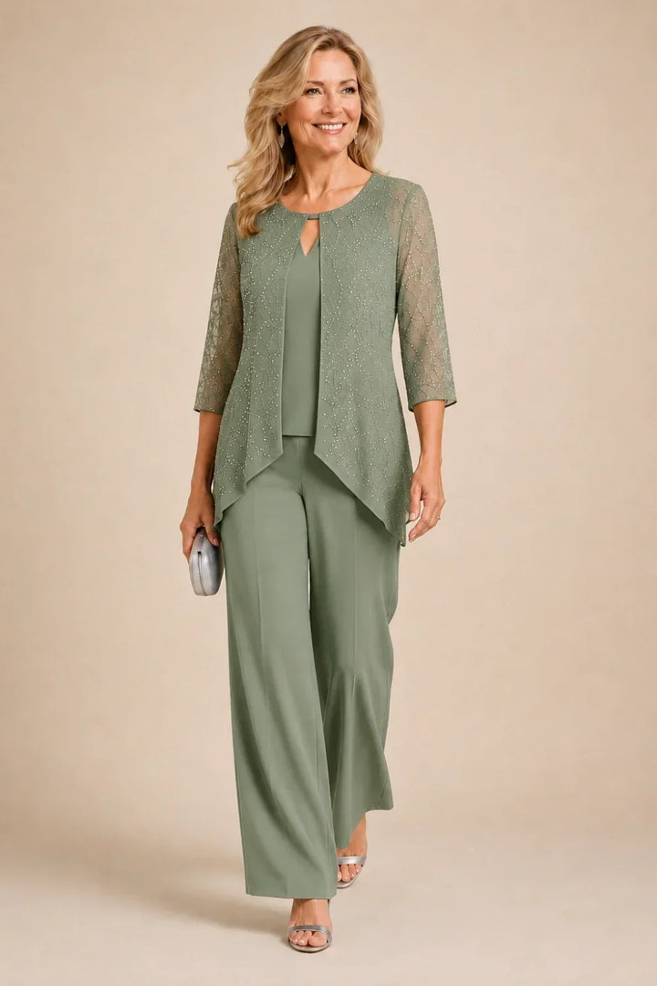 Completo pantalone a gamba larga con strati di pizzo e perline
