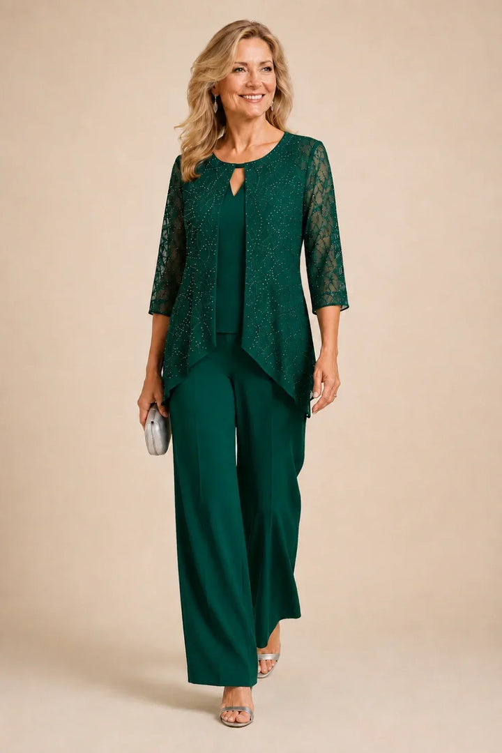 Completo pantalone a gamba larga con strati di pizzo e perline