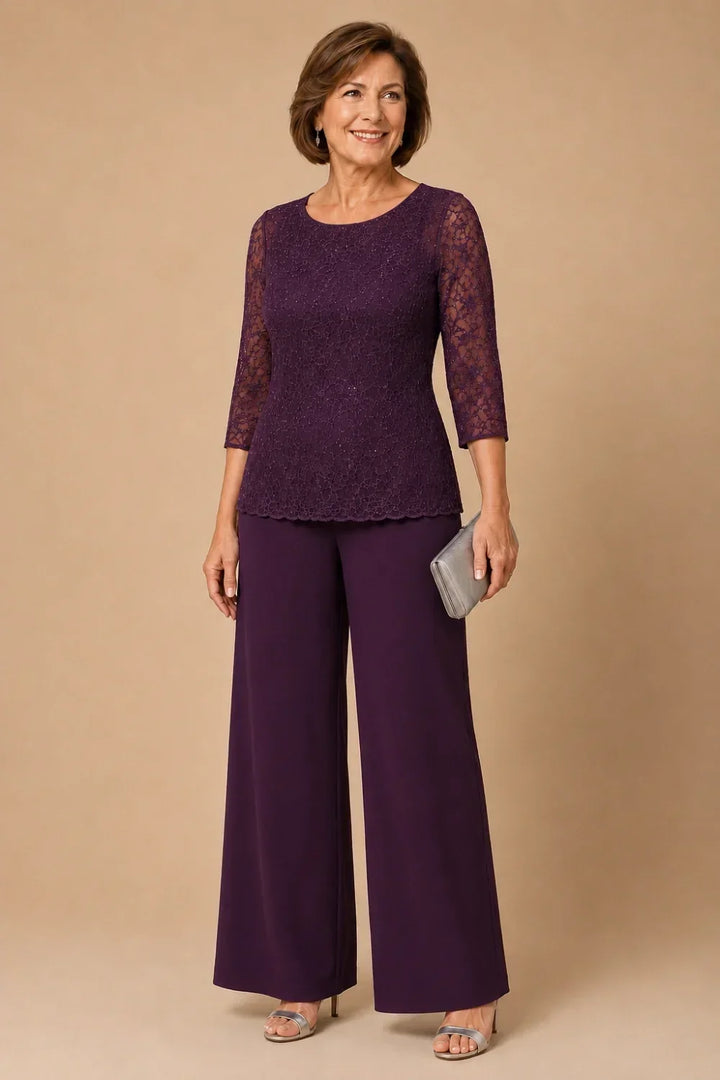 Beaded Lace Wide-Leg Pant Suit with 3/4 Sleeves