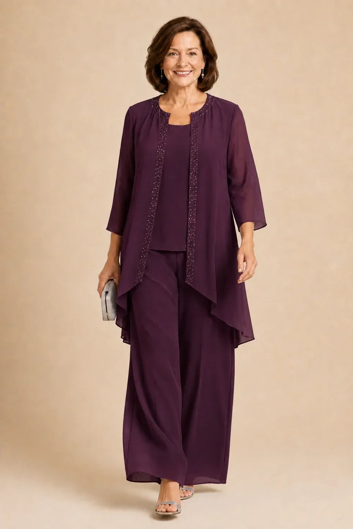 Completo pantalone in chiffon a tre pezzi con giacca drappeggiata e perline