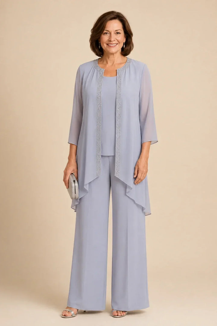 Completo pantalone in chiffon a tre pezzi con giacca drappeggiata e perline