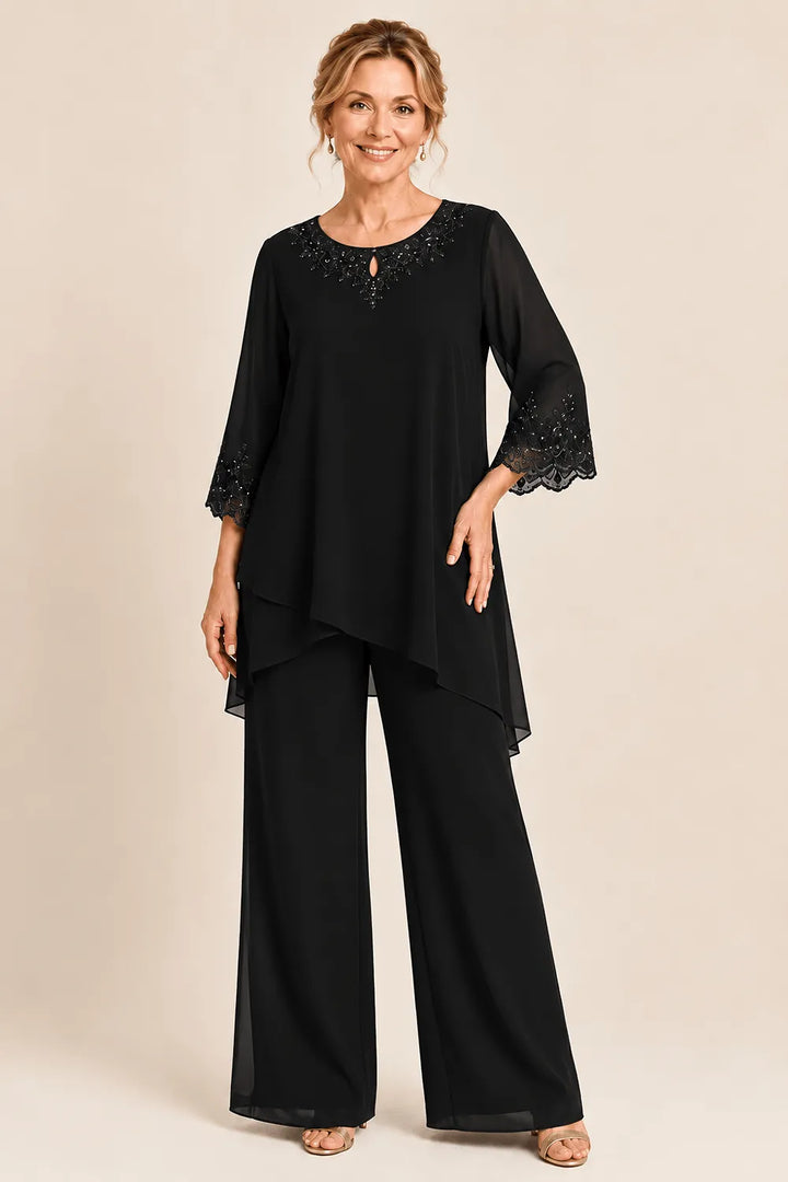 Elegante completo formale a due pezzi con pantaloni e ricami