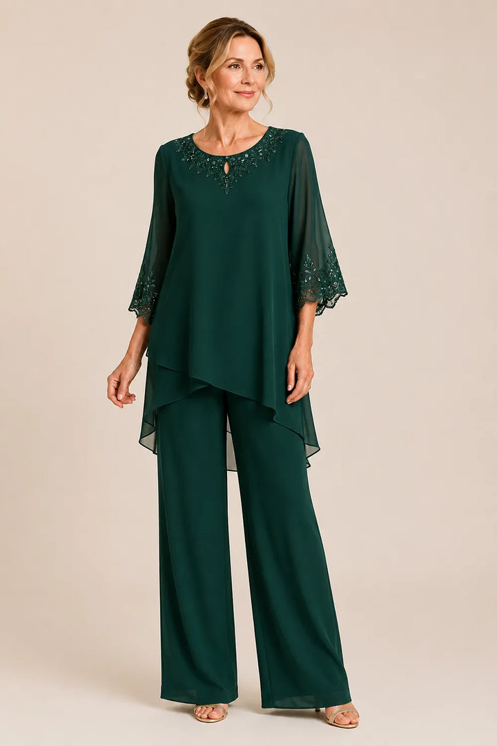 Elegante completo formale a due pezzi con pantaloni e ricami