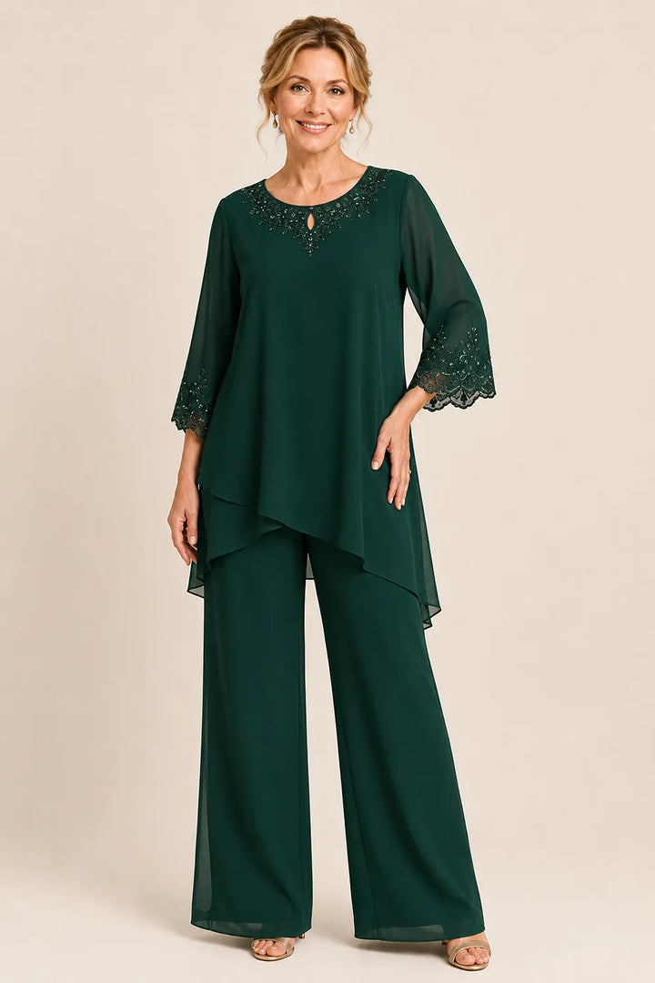 Elegante completo formale a due pezzi con pantaloni e ricami