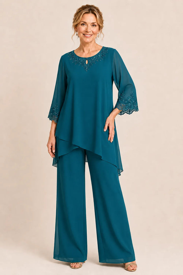 Elegante completo formale a due pezzi con pantaloni e ricami