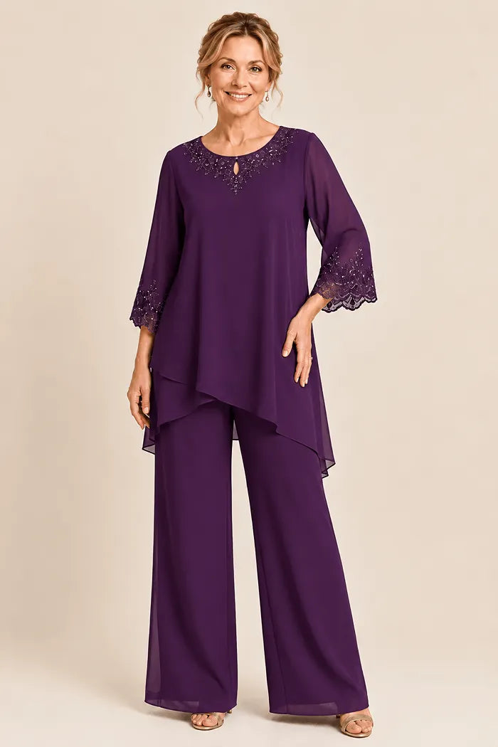 Elegante completo formale a due pezzi con pantaloni e ricami