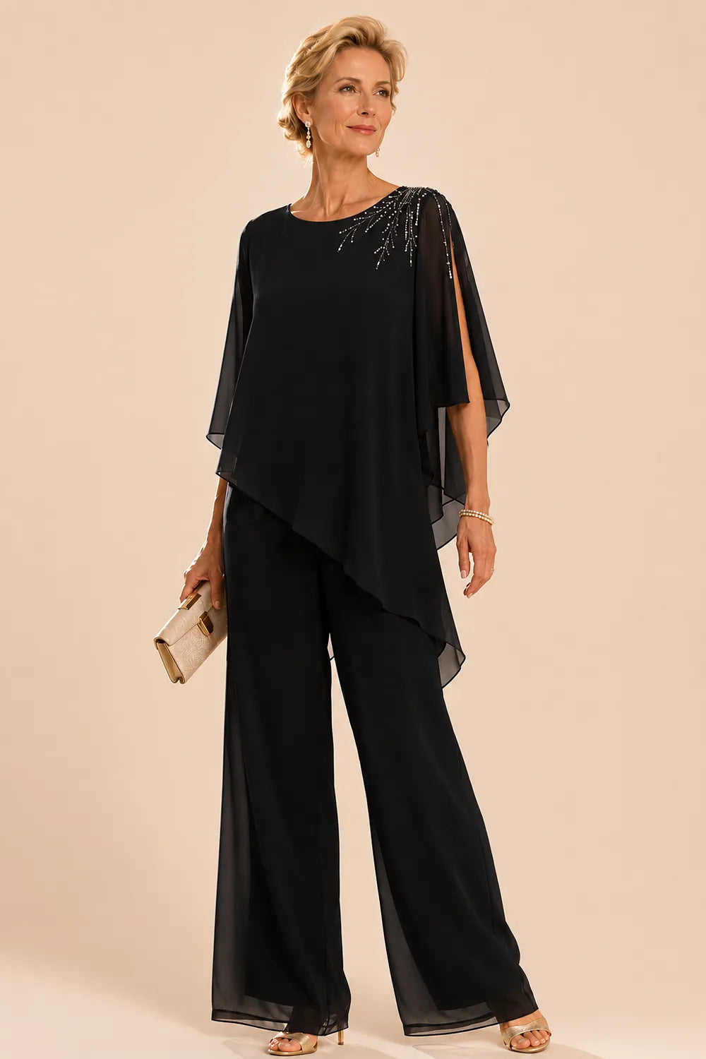 Completo pantalone in chiffon decorato per madre della sposa