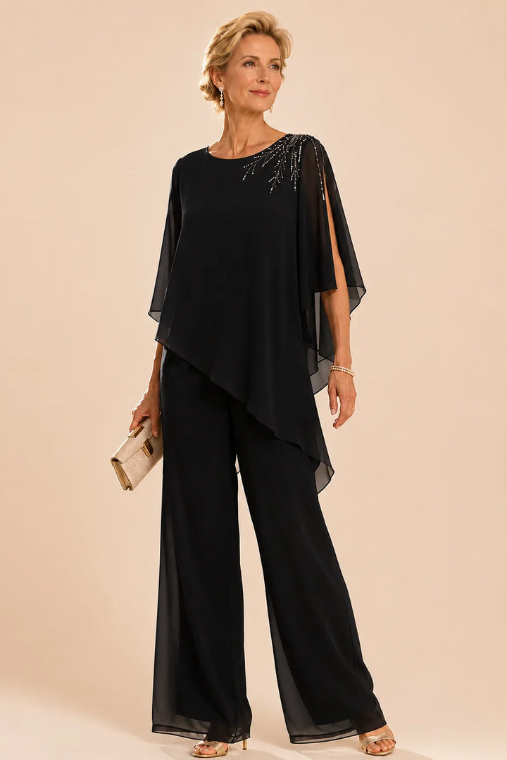 Completo pantalone in chiffon decorato per madre della sposa