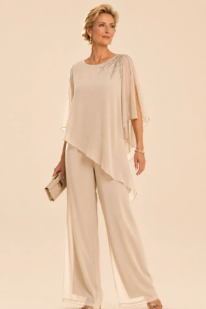 Completo pantalone in chiffon decorato per madre della sposa
