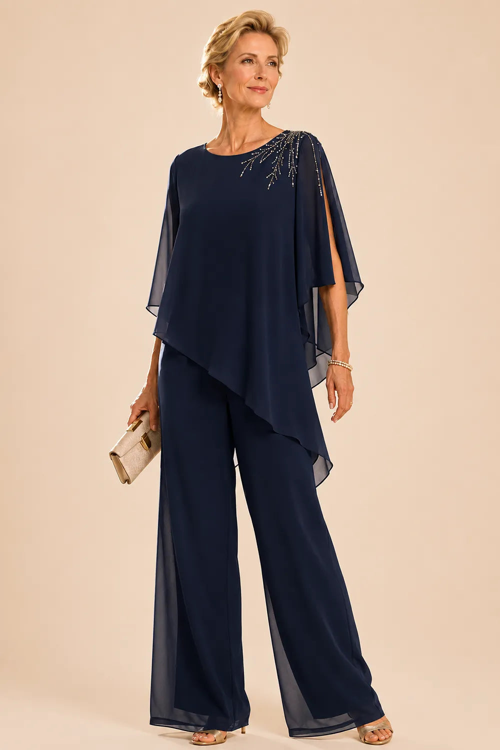 Completo pantalone in chiffon decorato per madre della sposa