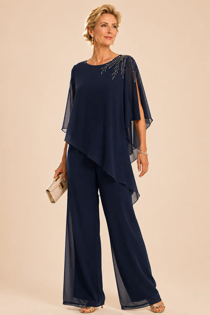 Completo pantalone in chiffon decorato per madre della sposa