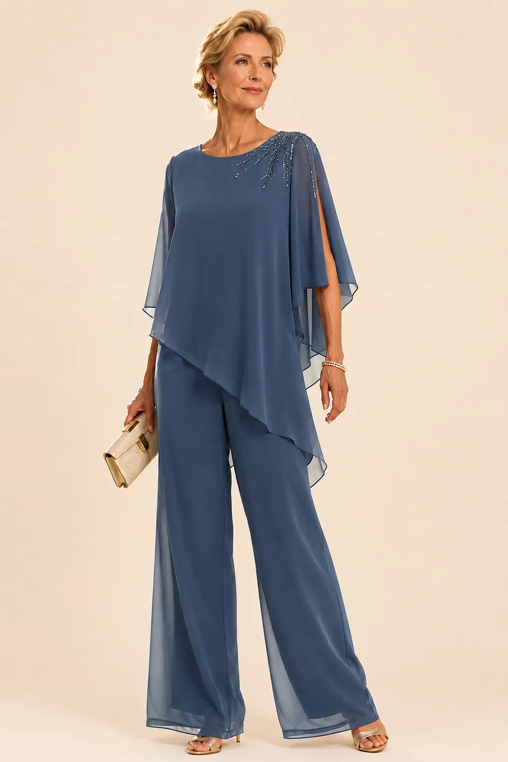 Completo pantalone in chiffon decorato per madre della sposa